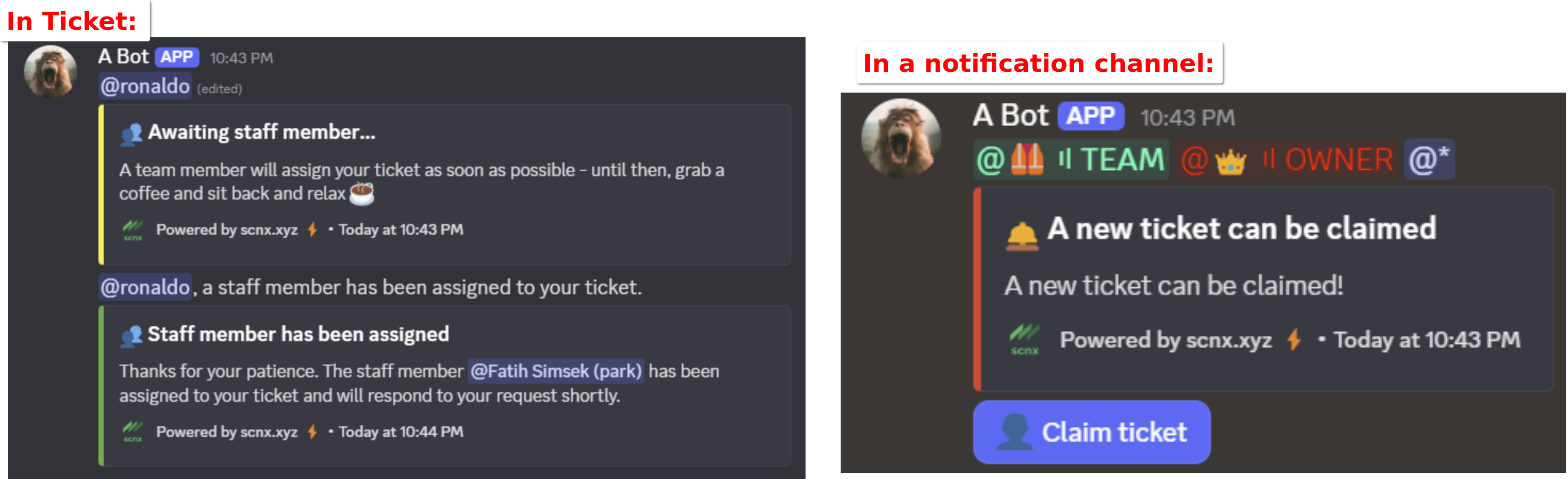 A screenshot showing claiming status messages and how to claim a ticket