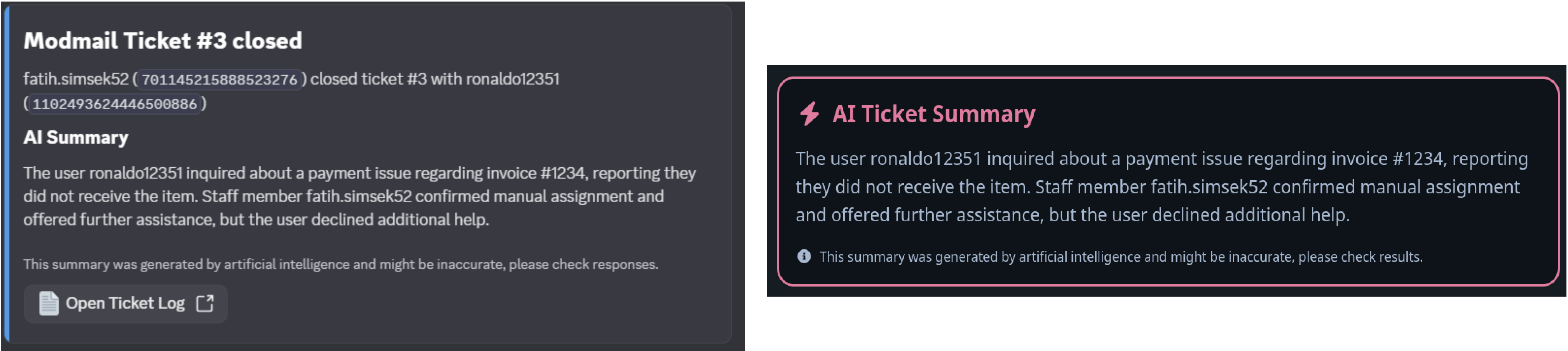 Screenshot di un riepilogo AI di un ticket